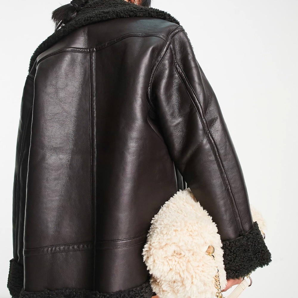 Faux Leather Sherpa-Trim Jacket - Black - Picture 2 of 8